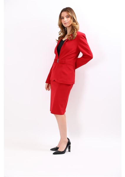 Dik Yaka Tokalı Ceket & Düz Dar Etek-Kırmızı fiyatları