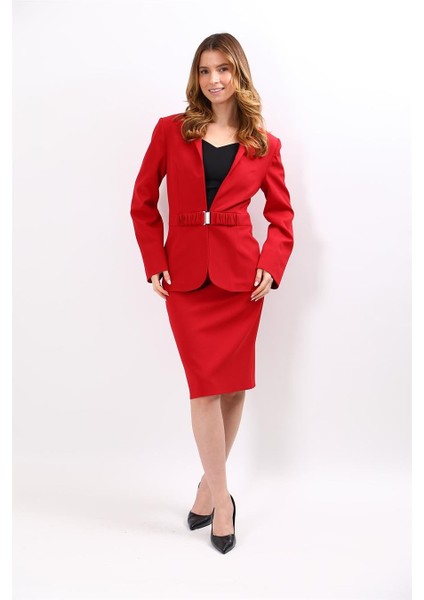 Dik Yaka Tokalı Ceket & Düz Dar Etek-Kırmızı modelleri