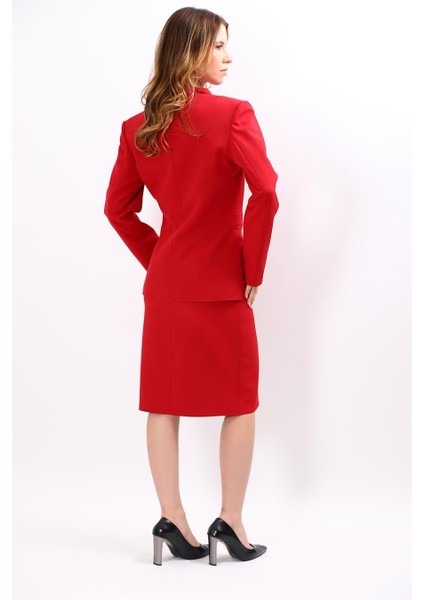 Dik Yaka Tokalı Ceket & Düz Dar Etek-Kırmızı fırsatları
