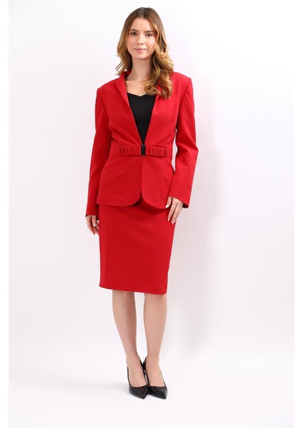 Dik Yaka Tokalı Ceket & Düz Dar Etek-Kırmızı