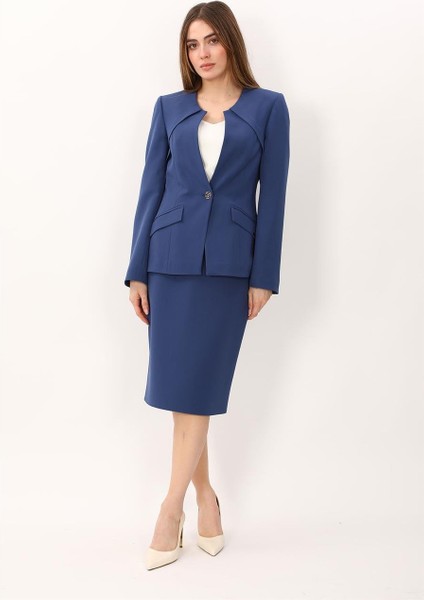 Sıfır Yaka Ön Robalı Ceket & Düz Dar Etek-Indigo
