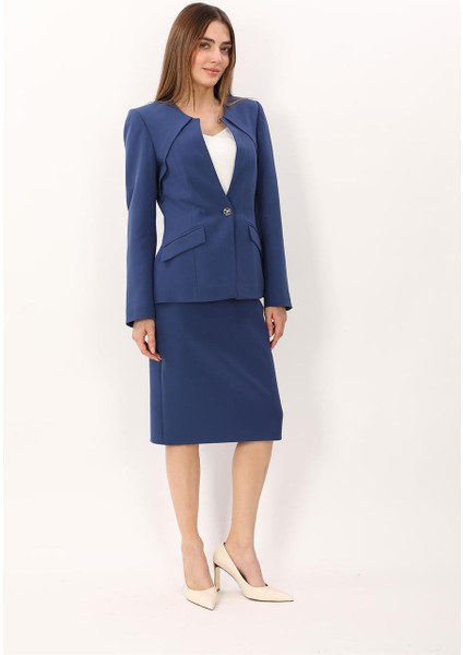 Sıfır Yaka Ön Robalı Ceket & Düz Dar Etek-Indigo fırsatları