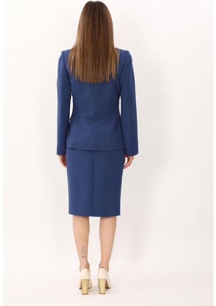 Sıfır Yaka Ön Robalı Ceket & Düz Dar Etek-Indigo