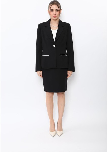 Erkek Yaka Konbinli Tek Düğme Ceket & Yırtmaçlı Düz Dar Etek-Siyah