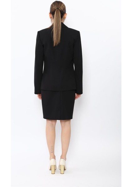 Erkek Yaka Konbinli Tek Düğme Ceket & Yırtmaçlı Düz Dar Etek-Siyah fırsatları