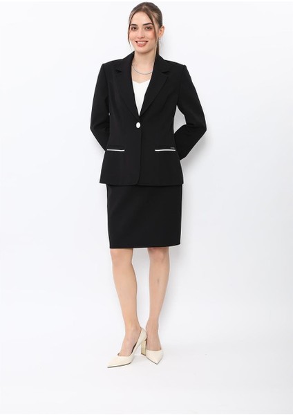 Erkek Yaka Konbinli Tek Düğme Ceket & Yırtmaçlı Düz Dar Etek-Siyah indirimleri