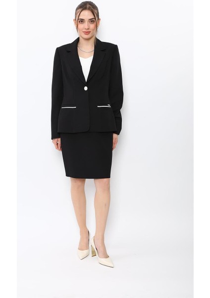 Erkek Yaka Konbinli Tek Düğme Ceket & Yırtmaçlı Düz Dar Etek-Siyah