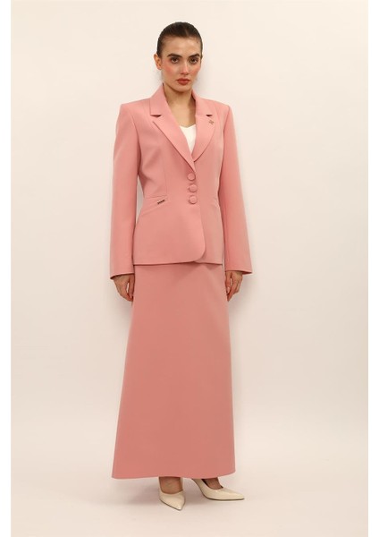 Erkek Yaka Boydan Kuplu Ceket & Kemerli Kare Cepli Çan Etek-Pudra