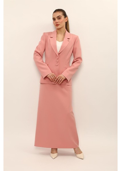 Erkek Yaka Boydan Kuplu Ceket & Kemerli Kare Cepli Çan Etek-Pudra fiyatları