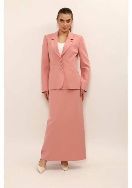 Erkek Yaka Boydan Kuplu Ceket & Kemerli Kare Cepli Çan Etek-Pudra fırsatları