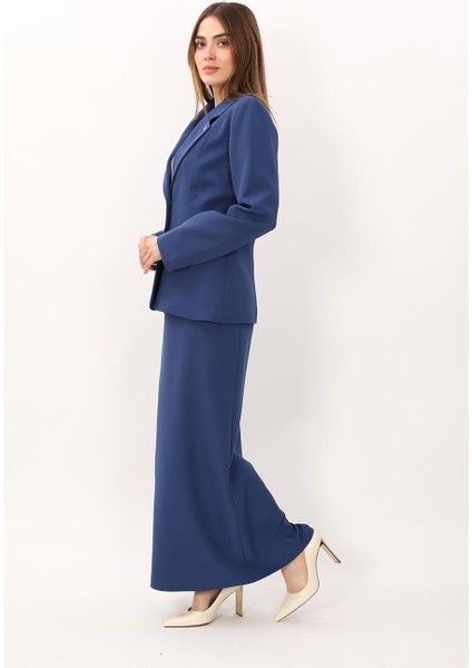 Erkek Yaka Boydan Kuplu Ceket & Uzun Düz Dar Etek-Indigo