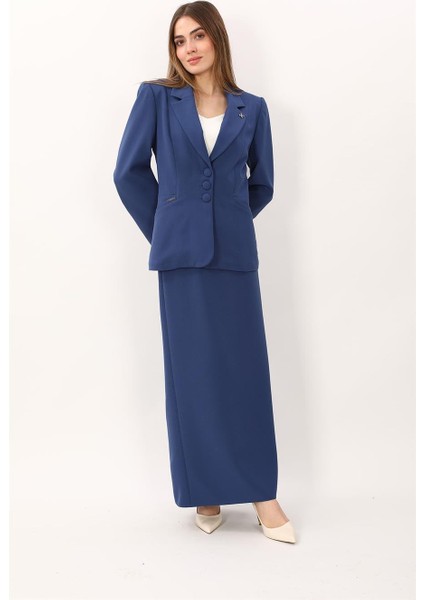 Erkek Yaka Boydan Kuplu Ceket & Uzun Düz Dar Etek-Indigo fiyatları
