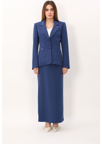 Erkek Yaka Boydan Kuplu Ceket & Uzun Düz Dar Etek-Indigo modelleri