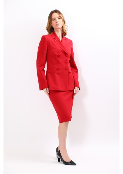 Erkek Yaka Blazer Ceket & Düz Dar Etek-Kırmızı