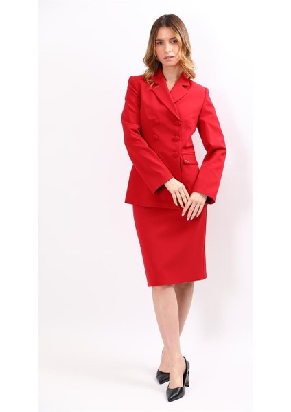 Erkek Yaka Blazer Ceket & Düz Dar Etek-Kırmızı fiyatları