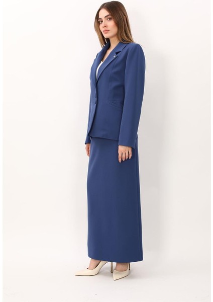 Erkek Yaka Boydan Kuplu Ceket & Uzun Düz Dar Etek-Indigo fırsatları