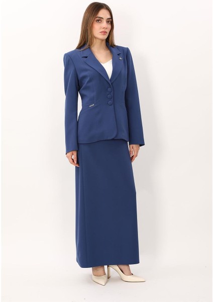 Erkek Yaka Boydan Kuplu Ceket & Uzun Düz Dar Etek-Indigo indirimleri