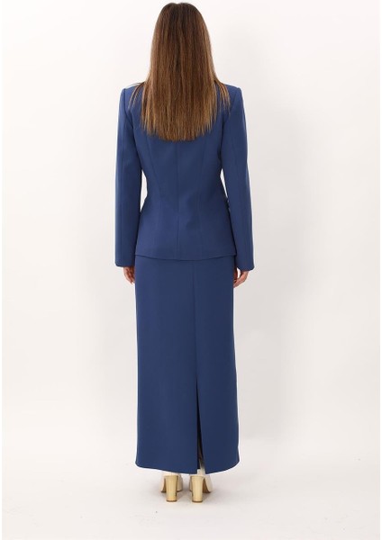 Erkek Yaka Boydan Kuplu Ceket & Uzun Düz Dar Etek-Indigo