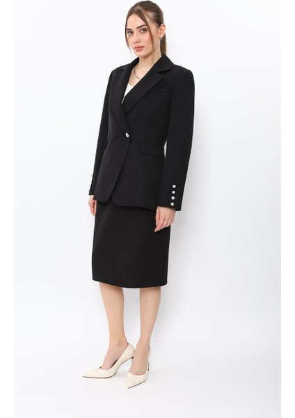 Erkek Yaka Kuruvaze Tek Düğmeli Ceket & Düz Dar Etek-Siyah fiyatları