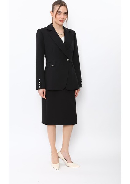 Erkek Yaka Kuruvaze Tek Düğmeli Ceket & Düz Dar Etek-Siyah modelleri