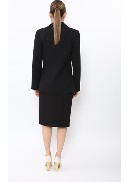 Erkek Yaka Kuruvaze Tek Düğmeli Ceket & Düz Dar Etek-Siyah fırsatları