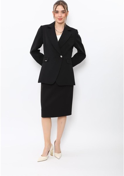 Erkek Yaka Kuruvaze Tek Düğmeli Ceket & Düz Dar Etek-Siyah indirimleri
