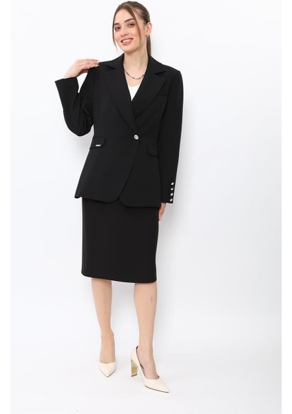 Erkek Yaka Kuruvaze Tek Düğmeli Ceket & Düz Dar Etek-Siyah