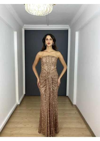 Bakır Straplez Bel Transparan Yırtmaçlı Boncuk Detaylı Payet Uzun Abiye Elbise fiyatları