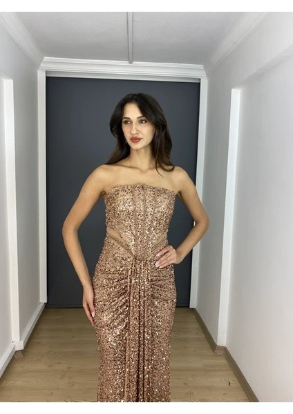 Bakır Straplez Bel Transparan Yırtmaçlı Boncuk Detaylı Payet Uzun Abiye Elbise modelleri