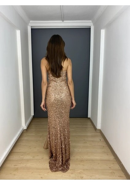 Bakır Straplez Bel Transparan Yırtmaçlı Boncuk Detaylı Payet Uzun Abiye Elbise fırsatları