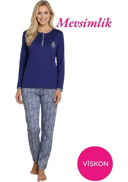 Kadın Lacivert Etnik Desen Mevsimlik Likralı Penye Cepli Alt Uzun Kollu Pijama Takımı