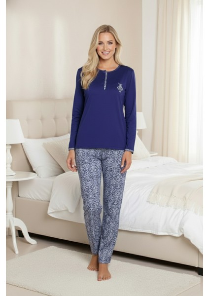 Kadın Lacivert Etnik Desen Mevsimlik Likralı Penye Cepli Alt Uzun Kollu Pijama Takımı fırsatları