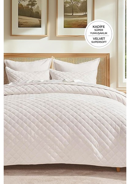 Kapitone Kadife Yatak Örtüsü Seti Tek Kişilik Supersoft 2 Parça Krem Yumuşak Elyaf Dolgulu Çeyizlik