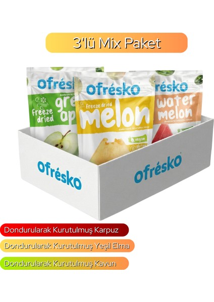 Ofresko Kuru Meyve Mix 3'lü Paket - Dondurularak Kurutulmuş Kavun - Karpuz ve Yeşil Elma - Katkısız & İlave Şekersiz