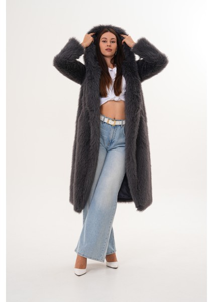 Tam Boy Kapişonlu Tüylü Kaban