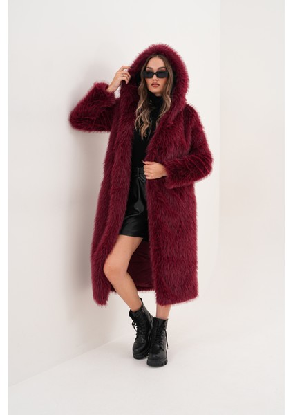 Tam Boy Kapişonlu Tüylü Kaban