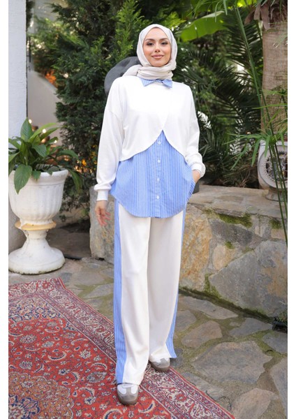 Ekru Pelerin Görünümlü Gömlek Pantolonlu Modal Takım