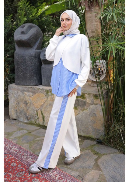 Ekru Pelerin Görünümlü Gömlek Pantolonlu Modal Takım modelleri