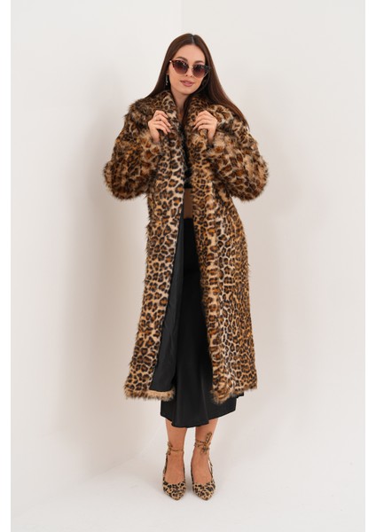 Tam Boy Şal Yaka Leopar Tüylü Kaban
