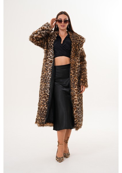 Tam Boy Şal Yaka Leopar Tüylü Kaban fiyatları