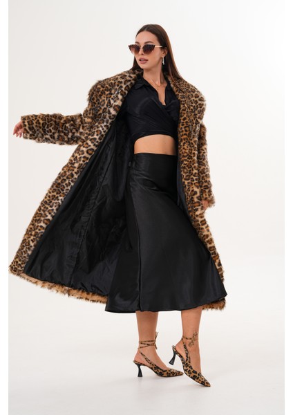 Tam Boy Şal Yaka Leopar Tüylü Kaban fırsatları