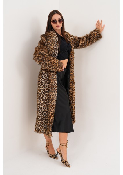 Tam Boy Şal Yaka Leopar Tüylü Kaban