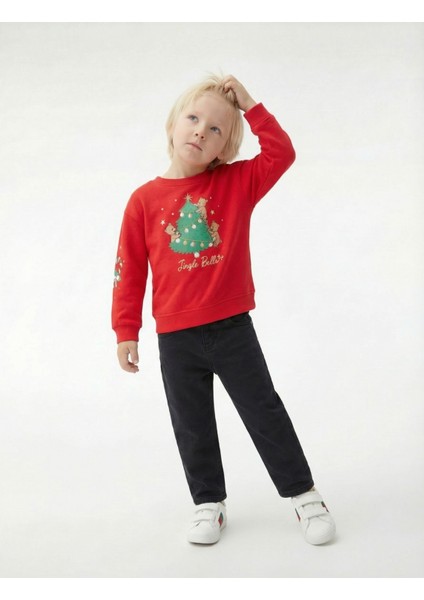 Pamuklu Uzun Kollu Bisiklet Yaka Şardonlu Yılbaşı Baskılı Sweatshirt