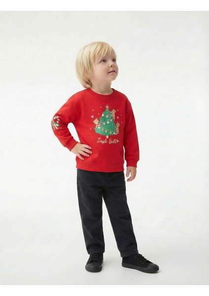 Pamuklu Uzun Kollu Bisiklet Yaka Şardonlu Yılbaşı Baskılı Sweatshirt fiyatları