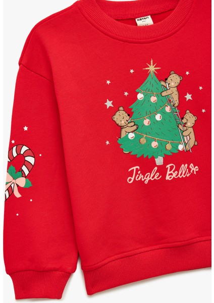 Pamuklu Uzun Kollu Bisiklet Yaka Şardonlu Yılbaşı Baskılı Sweatshirt indirimleri