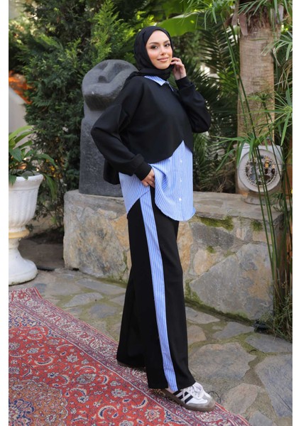 Siyah Pelerin Görünümlü Gömlek Pantolonlu Modal Takım