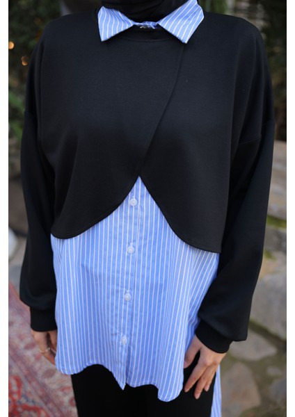 Siyah Pelerin Görünümlü Gömlek Pantolonlu Modal Takım modelleri