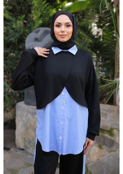 Siyah Pelerin Görünümlü Gömlek Pantolonlu Modal Takım indirimleri