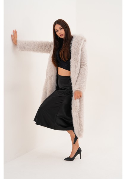 Tam Boy Kapişonlu Tüylü Kaban