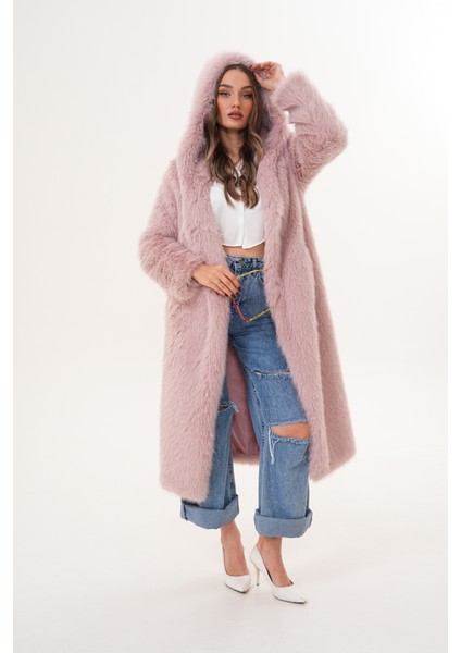 Tam Boy Kapişonlu Tüylü Kaban